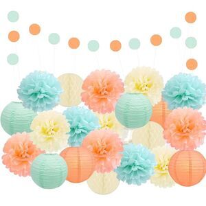 EpiqueOne 22-Piece Tissue Paper Pom Poms Party Set - Mint, Ivory & Peach